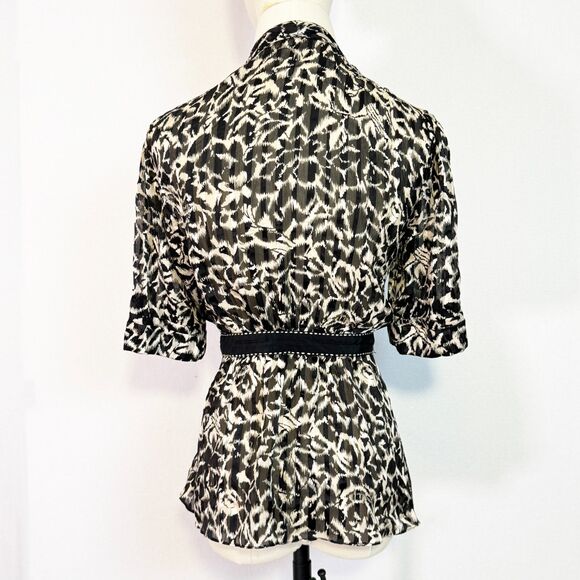 BCBG Max Azria | 100% Silk Blouse | Tie Waist Peplum | Black gray cream | Sz S - Picture 3 of 10